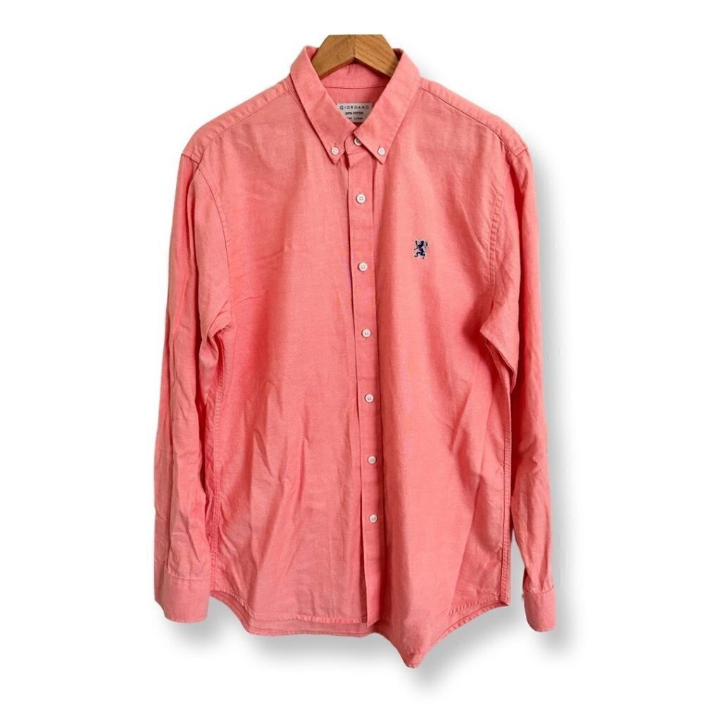 GIORDANO Men's Long Sleeve Button Down Cotton Shirt Slim Size Large Lion Logo